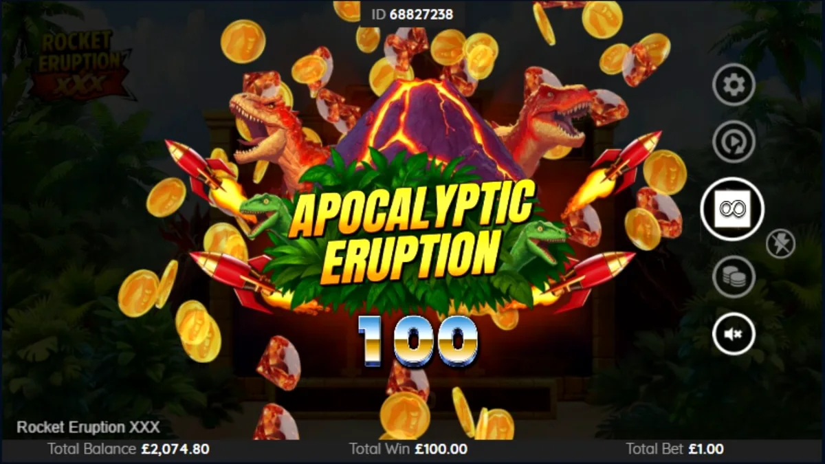 Rocket Eruption XXX স্লট গেমের মোবাইল ইন্টারফেস এবং আগ্নেয়গিরির থিম